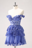 Dark Blue Off the Shoulder Tiered Sequins Short Prom Dress