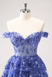 Dark Blue Off the Shoulder Tiered Sequins Short Prom Dress