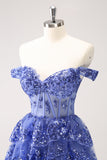 Dark Blue Off the Shoulder Tiered Sequins Short Prom Dress