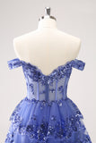 Dark Blue Off the Shoulder Tiered Sequins Short Prom Dress