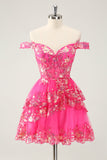 Cute Sparkly Hot Pink A Line Tiered Corset Lace Short Prom Dress