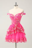 Cute Sparkly Hot Pink A Line Tiered Corset Lace Short Prom Dress