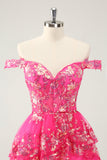 Cute Sparkly Hot Pink A Line Tiered Corset Lace Short Prom Dress