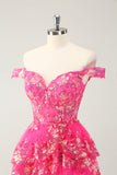 Cute Sparkly Hot Pink A Line Tiered Corset Lace Short Prom Dress