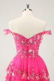 Cute Sparkly Hot Pink A Line Tiered Corset Lace Short Prom Dress