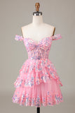 Cute Sparkly Hot Pink A Line Tiered Corset Lace Short Prom Dress