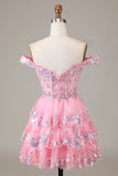 Cute Sparkly Hot Pink A Line Tiered Corset Lace Short Prom Dress