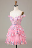 Cute Sparkly Hot Pink A Line Tiered Corset Lace Short Prom Dress