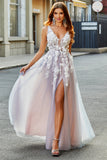 Gorgeous A Line Deep V Neck Grey Pink Long Prom Dress with Appliques