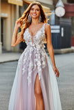 Grey Pink A Line V Neck Long Appliqued Prom Dress With Slit