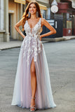 Grey Pink A Line V Neck Long Appliqued Prom Dress With Slit