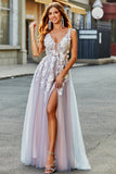 Grey Pink A Line V Neck Long Appliqued Prom Dress With Slit