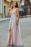 Grey Pink A Line V Neck Long Appliqued Prom Dress With Slit