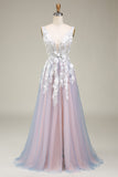 Grey Pink A Line V Neck Long Appliqued Prom Dress With Slit