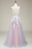 Grey Pink A Line V Neck Long Appliqued Prom Dress With Slit