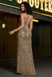 Sparkly Mermaid Golden Long Prom Dress with Slit