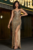 Sparkly Golden Mermaid Long Fringed Prom Dress With Slit