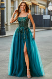 Dark Green Spaghetti Straps A Line Prom Dress with Slit