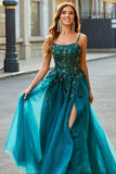 Dark Green Spaghetti Straps A Line Long Appliqued Prom Dress With Slit