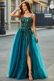 Dark Green Spaghetti Straps A Line Long Appliqued Prom Dress With Slit