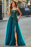 Dark Green Spaghetti Straps A Line Long Appliqued Prom Dress With Slit