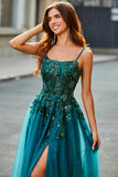 Dark Green Spaghetti Straps A Line Long Appliqued Prom Dress With Slit