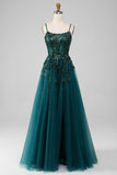 Dark Green Spaghetti Straps A Line Long Appliqued Prom Dress With Slit