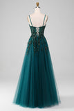 Dark Green Spaghetti Straps A Line Long Appliqued Prom Dress With Slit