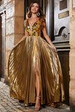 Sparkly A Line Deep V-Neck Golden Long Prom Dress with Split Front