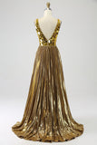 Sparkly Golden A Line V Neck Long Prom Dress With Slit