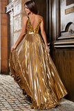 Sparkly Golden A Line V Neck Long Prom Dress With Slit