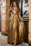 Sparkly Golden A Line V Neck Long Prom Dress With Slit