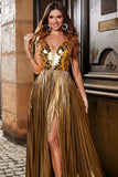 Sparkly Golden A Line V Neck Long Prom Dress With Slit