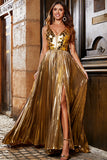 Sparkly Golden A Line V Neck Long Prom Dress With Slit