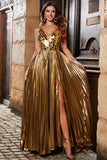 Sparkly Golden A Line V Neck Long Prom Dress With Slit