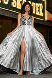 Glitter Silver A Line V Neck Long Prom Dress With Slit