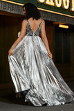 Glitter Silver A Line V Neck Long Prom Dress With Slit