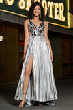 Sparkly Golden A Line V Neck Long Prom Dress With Slit