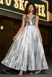 Glitter Silver A Line V Neck Long Prom Dress With Slit