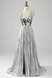 Glitter Silver A Line V Neck Long Prom Dress With Slit