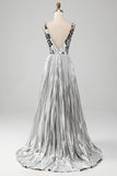 Glitter Silver A Line V Neck Long Prom Dress With Slit