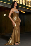 Sparkly Golden Mermaid Strapless Long Beaded Prom Dress With Slit