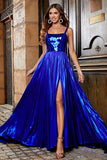 Sparkly Royal Blue A Line Lace Up Back Long Prom Dress With Slit