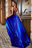 Sparkly Royal Blue A Line Lace Up Back Long Prom Dress With Slit