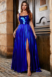 Sparkly Royal Blue A Line Lace Up Back Long Prom Dress With Slit