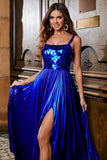 Sparkly Royal Blue A Line Lace Up Back Long Prom Dress With Slit