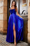 Sparkly Royal Blue A Line Lace Up Back Long Prom Dress With Slit