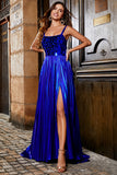 Sparkly Royal Blue A Line Lace Up Back Long Prom Dress With Slit