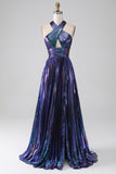 Sparkly Dark Purple Halter A Line Long Prom Dress With Pleated