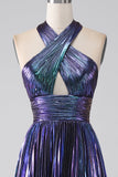 Sparkly Dark Purple Halter A Line Long Prom Dress With Pleated